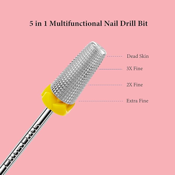 5 in 1 Nail Drill Bits, 3/32”Professional Carbide Drill Bits for Nails Multifunction Bit, Fast Remove Acrylic Hard Gel Cuticle Nail Efile Bit Manicure Pedicure,Two Way Rotate,Extra Fine