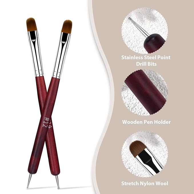 French Manicure Brush, Esclane 2 Way French Nail Brush with Dotting Tool for Manicure Cuticle Clean Up Nail Art Design, French Tip Brush (Wood, #12)