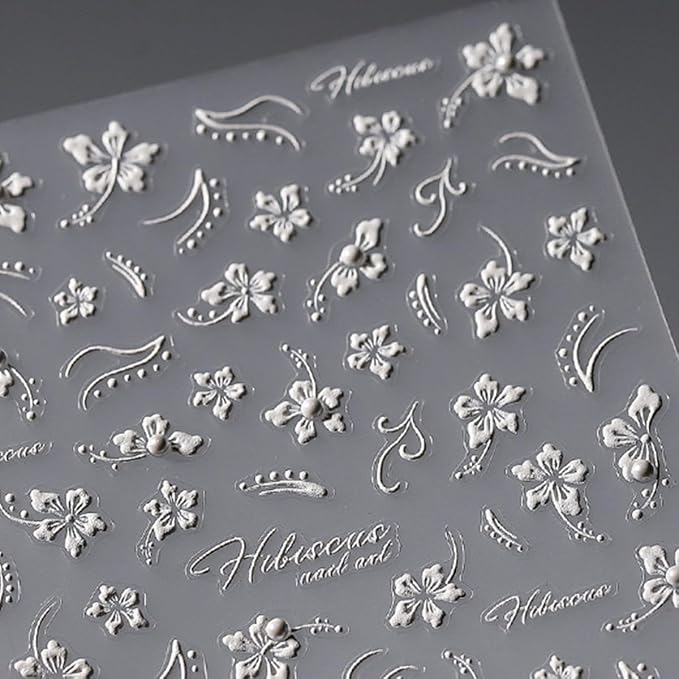 White Flower Nail Art Stickers Decals 5D Embossed Nail Decals Self Adhesive Diamond Flower Nails Stickers Spring Flower Nails Transfer Decals Floral Nails Supplies for Women Nail Art Decorations