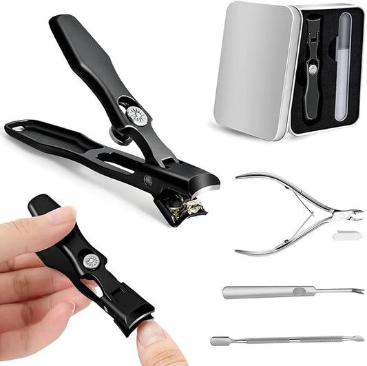 Lux German Nail Clippers Grip for Men Women, Black Portable Ultra Sharp Nail Clippers with Catcher File, No Splash Nail Clippers for Seniors Thick Ingrown Toenails, Professional Fingernail Clipper Set