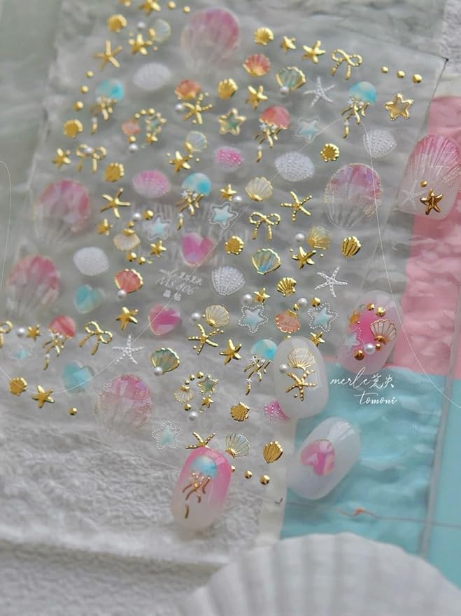 Golden Beach Seashell Nail Stickers 5D Embossed – Premium Salon-Quality Nail Charm Accessories, Easy Application & Self-Adhesive Summer Sticker for DIY Manicure, Nail Art, Press on, Home or Salon Use