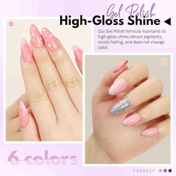 FZANEST Gel Nail Polish Set,Ligh Pink Neon Pink Sliver Glitter Gel Polish Nail Kit Soak Off Nail Polish Home DIY Manicure Nail Salon Varnish Spring Summer Colors