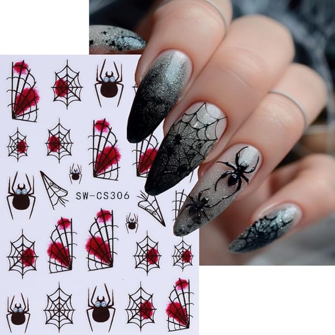 6 Sheet Halloween Nail Stickers 3D Self-Adhesive Nail Art Stickers Decals with Bat Spider Web Design Nail Stickers for Nail Art Flower Ghost Manicure Decoration for Women Nails Supplies
