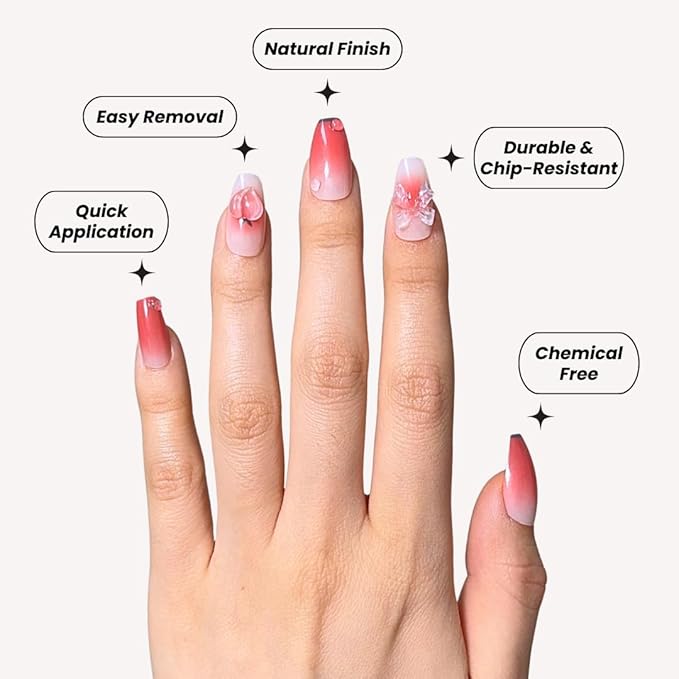 Perfect Look Press On Nails - Peach Bow | No Glue One-Day Short Coffin Nails, Red Ombre Nails with 3D Ribbon Charms - 24 Pcs Nail Kit with Adhesive Tabs