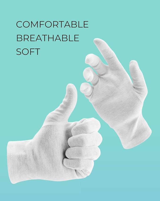 Cotton Gloves (2 Pairs), White, Moisturizing Night Gloves for Dry Hands, 100% Cotton, Size L