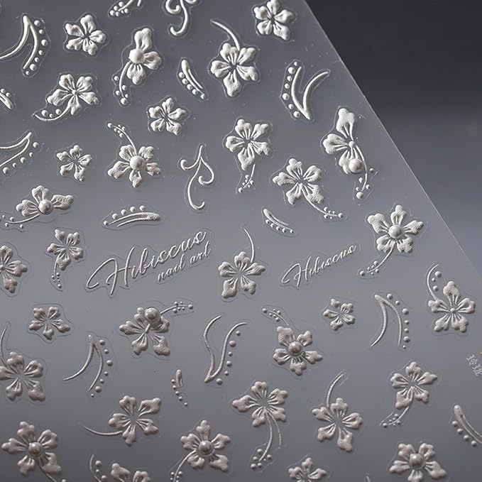 White Flower Nail Art Stickers Decals 5D Embossed Nail Decals Self Adhesive Diamond Flower Nails Stickers Spring Flower Nails Transfer Decals Floral Nails Supplies for Women Nail Art Decorations