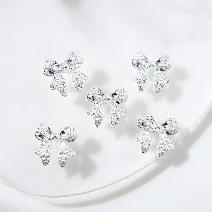 36 Pcs Bow Nail Art Charms 3D Alloy Bow Nail Charms Silver Gold Nail Rhinestones for DIY Acrylic Nails Metal Nail Gems for Women and Girls