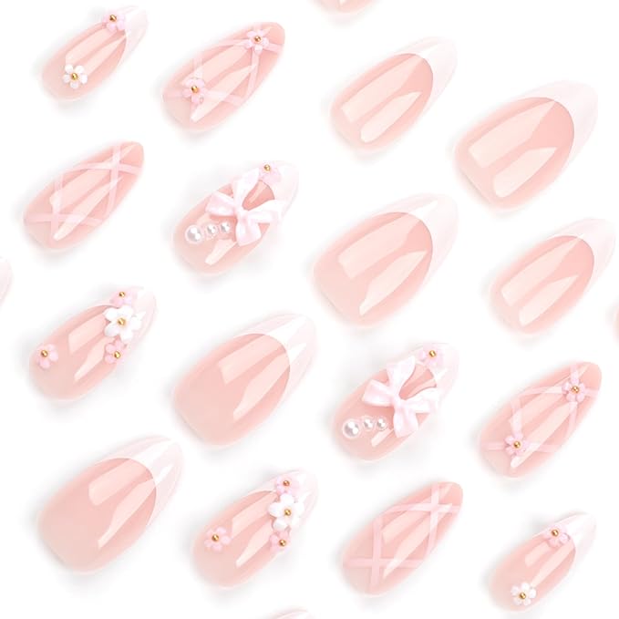 French Press On Nails Medium Rhinestone Pink Fake Nails Almond Bling Glossy 3D Flower False Nail Tips Glue On Nails Full Cover Artificial Nails Stick On Nails for Women, 24 Pcs