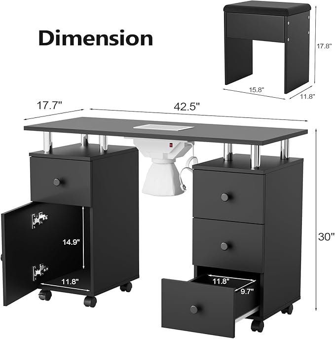OmySalon Nail Desk and Chair Set, Manicure Table with Dust Collector, Arm Rest, 8 Wheels, Acetone Resistant Desktop, Drawers & Cabinet Storage for Makeup Beauty Salon (Black)