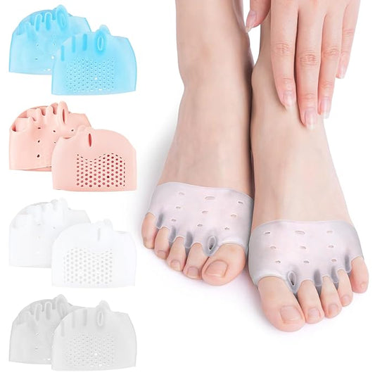 4 Pairs Silicone Toe Separators, Metatarsal Pads, Gel Toe Separators, Ball of Foot Cushions, Toe Separators for Overlapping Toes to Foot Pressure Relief (White Blue Clear Skin-color)