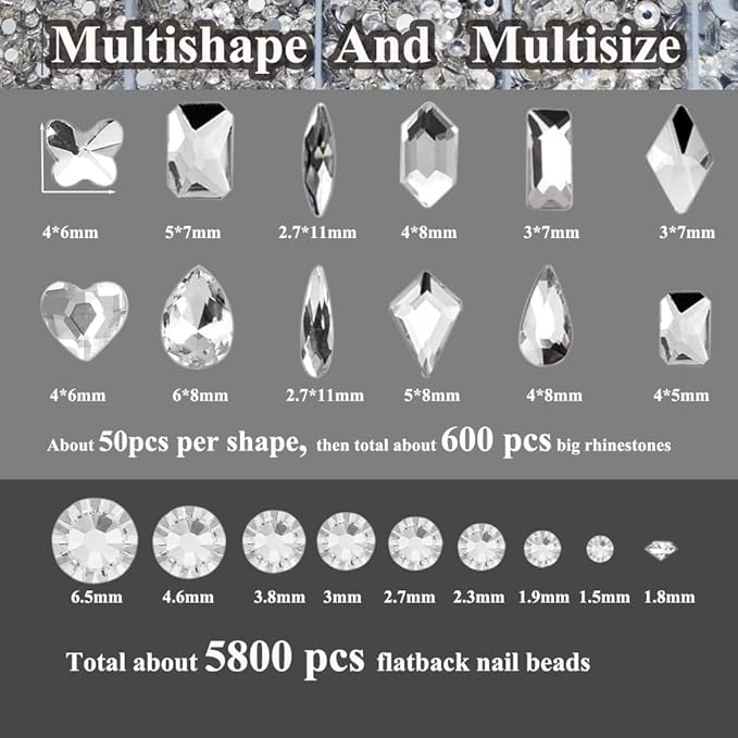 6400Pcs Silver Clear Nail Rhinestones, 600Pcs Multishapes Big Nail Gemstones +5800Pcs 1.5-6.5mm Flat Back Round Crystal Beads with B7000, Nail Decals, Multsize Flat Back Glass Stones for DIY Art