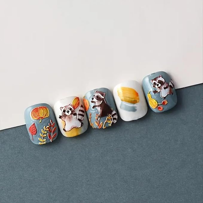 Fall Nail Art Stickers Decals Autumn Nail Decals 5D Embossed Raccoon Nails Stickers Maple Leaf Pumpkin Nail Art Supplies Fallen Leaves Animal Nail Decals for Women Thanksgiving Day Manicure Decoration