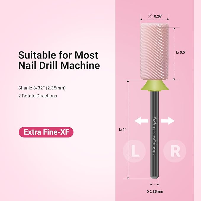 MelodySusie Ceramic Nail Drill Bits, 3/32'' Chamfer Flat Top Large Barrel Bits, Fast Remove Acrylic or Hard Gel, Nail Tool for Manicure Pedicure, Salon Home, Professional or Beginner, Pink, Extra Fine