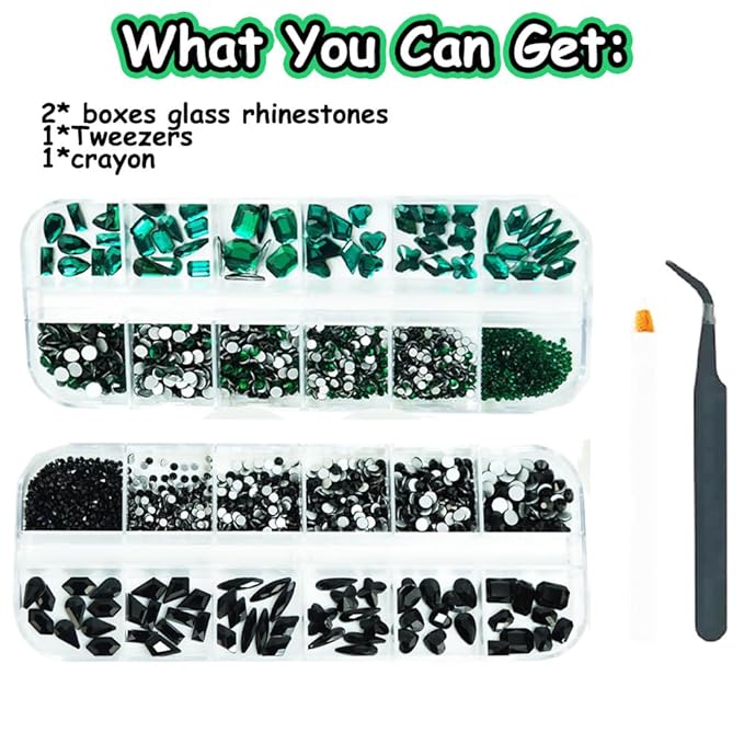 2700 Pcs Green and Black Nails Rhinestones, 120Pcs Big Green and Black Diamond Nail Gem Stones with SS5 SS8 SS10 SS12 SS16 Glass Flatback Round Beads, Glass Jewelry for Nails Art Decoration