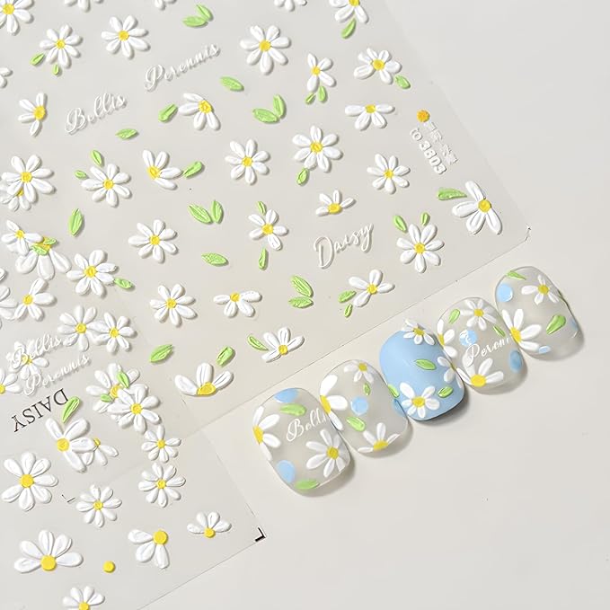 Flower Nail Art Stickers 5D Embossed Self Adhesive Spring Summer Nail Stickers for Nail Art Cute White Daisy Nail Decals Flower Nail Design Decoration Accessories for Women and Girls