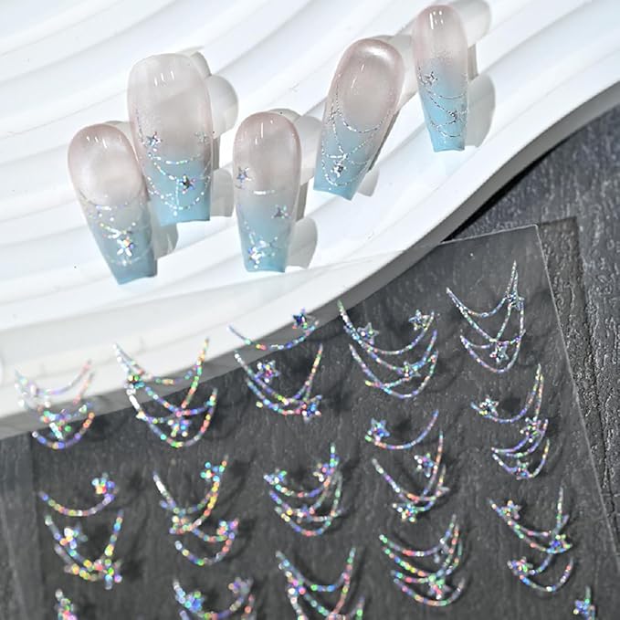 Star Chain Nail Art Stickers Decals Aurora French Star Chains Nail Stickers 1PCS Hot Stamping Silvery Stars Stripe Elegant Self-Adhesive Design Manicure Sliders Accessories for Women Nail Decorations