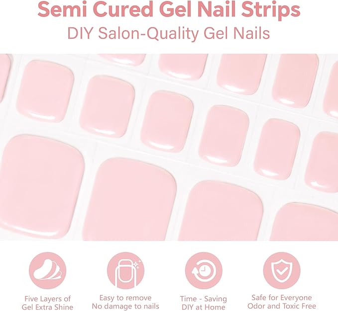 Semi Cured Gel Toe Nail Strips-32 Self-Adhesive Toe Nail Stickers Semi-Gel Polish Alternative for Feet Summer Sandal Ready Designs Works with Any UV/LED Lamps(Nude Pink.Pedicure)