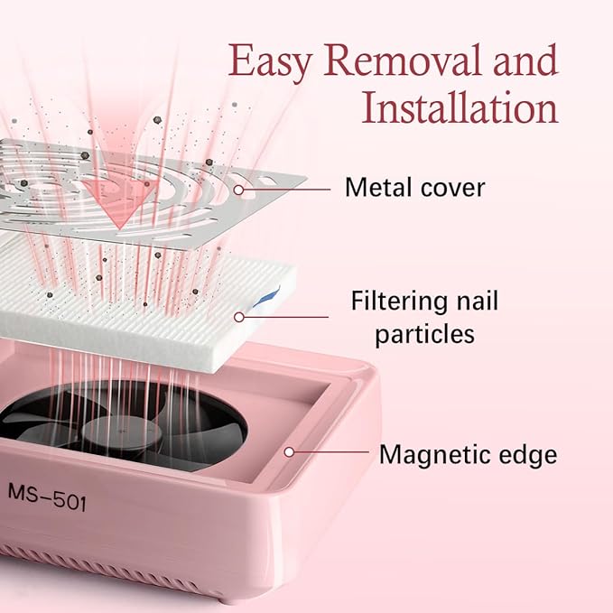 Nail Dust Collector with Lamp Powerful Nail Vacuum Fan, Pink Dust Collector Extractor, Electric Dust Suction Machine for Acrylic Gel Nails Polishing Low Noise