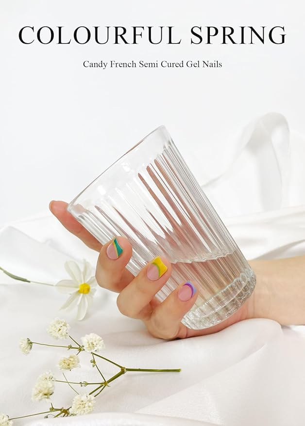 Semi Cured Gel Nail Strips (Candy French), Macaron, 20 Pcs Gel Nail Wraps, Stickers, UV Light Required, Salon Quality, Long Lasting