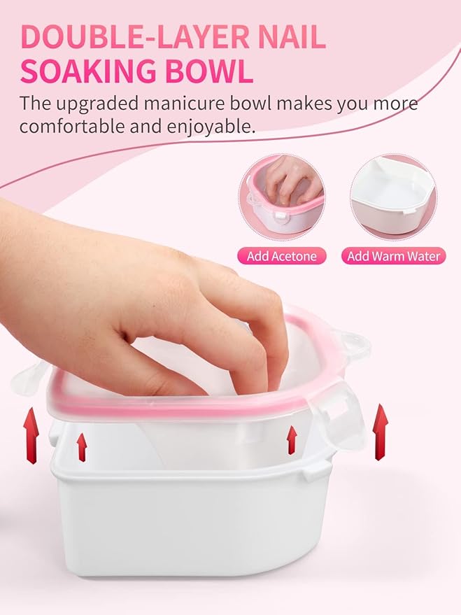 Nail Soaking Bowl, 2PCS Soak Off Gel Polish Dip Powder Remover Manicure Bowl with Triangle Cuticle Peeler and Stainless Steel Cuticle Pusher Nail Art Tool (Pink)