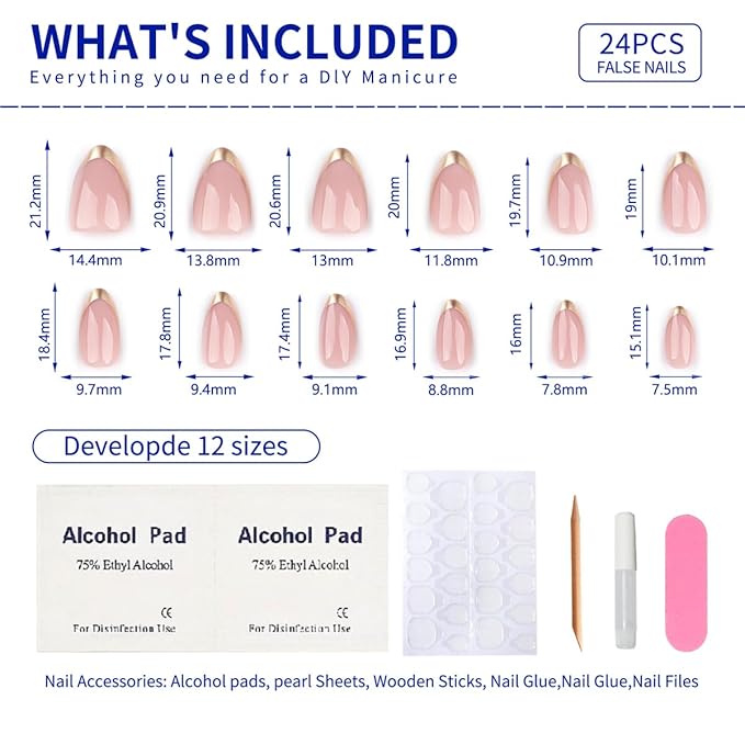 Almond Press On Nails Short, Pink Fake Nails with Elegantly Crafted Gold French Tips, Glossy Gel Finish, Thick Natural Reusable Glue On Nails Kit for Women 24Pcs, Golden French Chic