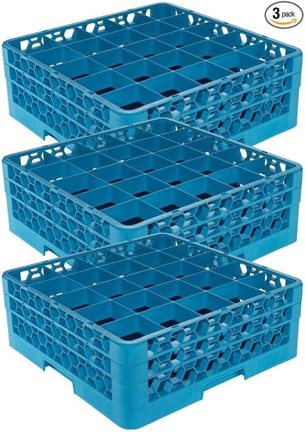 Carlisle FoodService Products OptiClean Plastic 25-Compartment Divided Glass Rack with Extender, Blue, (Pack of 3)