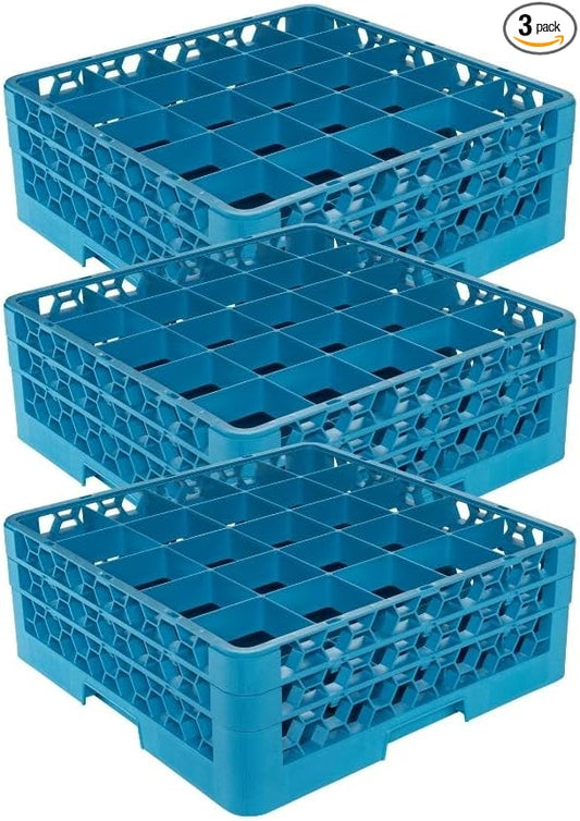 Carlisle FoodService Products OptiClean Plastic 25-Compartment Divided Glass Rack with Extender, Blue, (Pack of 3)