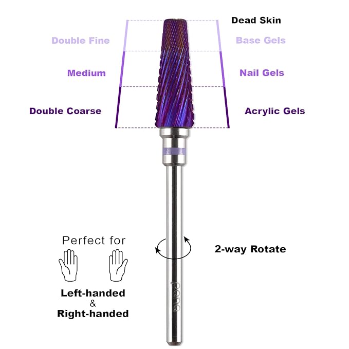 PANA 5-in-1 Pro Upgraded Multi-Function Drill Bit 3/32" Shank Size - (Purple, 2X Coarse to 2X Fine) - Mix Size Tungsten Drill Bit Fast Remove Acrylic Hard Gel Nail for Manicure Pedicure
