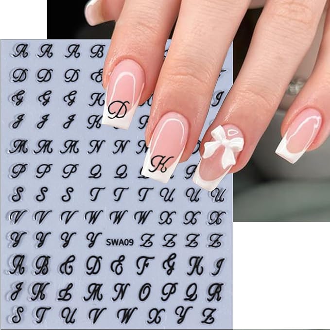 6Pcs Music Note Nail Art Stickers 3D Retro English Letters Nail Stickers Self Adhesive Gold Silver Black Old Alphabet Music Note Pattern Design Nails Decals English Manicure Decoration for Women Girls