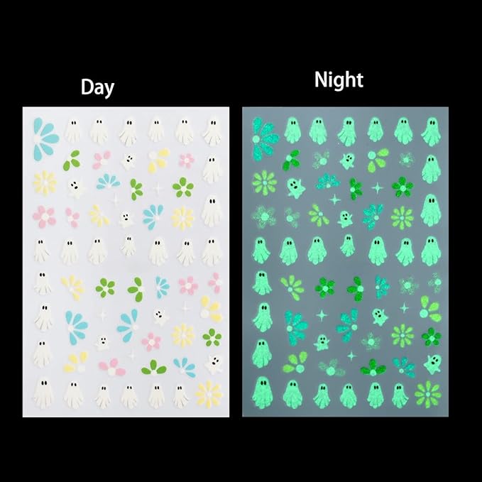 8Sheets Halloween Glow in The Dark Ghost Nail Stickers 3D Self-Adhesive Luminous Ghost Nail Art Decals Spider Web Pumpkin French Nails Design Bats Star Moon Nail Supplies Nail Decorations for Women