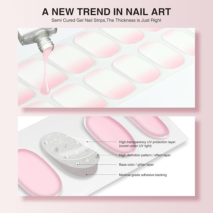 Semi Cured Gel Nail Strips, 20 PCS Gel Nail Stickers Work with UV Light, Salon Quality & Easy to Use - Gradient Pink