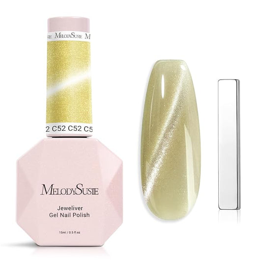 MelodySusie Jeweliver Cat Eye Gel Nail Polish, 0.5 Fl Oz Light Green Glitter Holographic Magnetic Nail Polish with Magnet, UV Nail Polish for Nail Art Manicure Salon DIY at Home C52