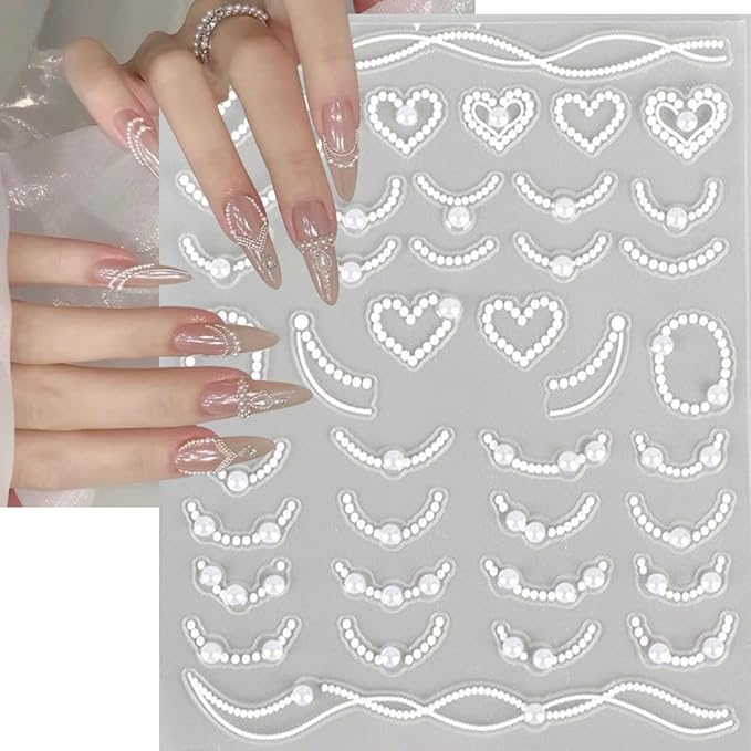 2 Sheets 5D Embossed Nail Art Stickers for French Line Design Silver White Glitter Pearl Rhinestones Nail Decals Heart Waves Nail Design Stickers Grace Cute Nail Decor for Women Manicure Supplies