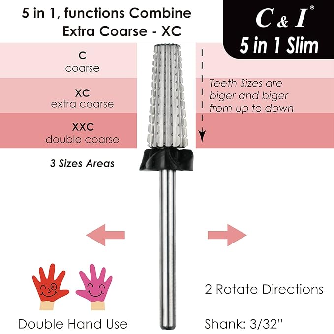 C & I 5 in 1 Nail Drill Bit, Slim Edition, Professional Manicure Drills for Electric Nail Drill Machine (Extra Coarse -XC)