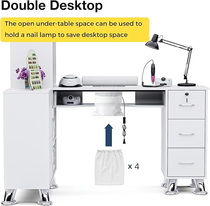 Manicure Table Nail Station w/Dust Collector - L-Shaped Nail Tech Table with Shelves, Storage Cabinets, Drawers, Metal Handles & Legs, Salon Wrist Rest, Beauty Salon Workstation Decor (White)