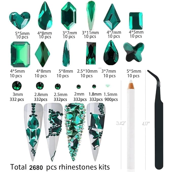 2680Pcs Emerald Green Nail Rhinestones, 120Pcs Big Glass Green Diamond Nails Gem Stones with Bling Flatback Round Beads, Clear Nail Art Charms Jewelry for Face DIY Decoration with PickTool