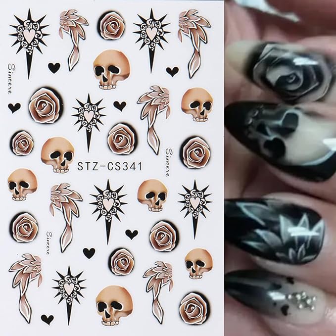 Halloween Nail Art Stickers Decals 3D Skull Mushroom Ghost Halloween Nail Stickers 6PCS Rose Flowers Love Heart Leaf Design3D Self-Adhesive Nail Decals Manicure Supply for Holiday Nail Art Decorations