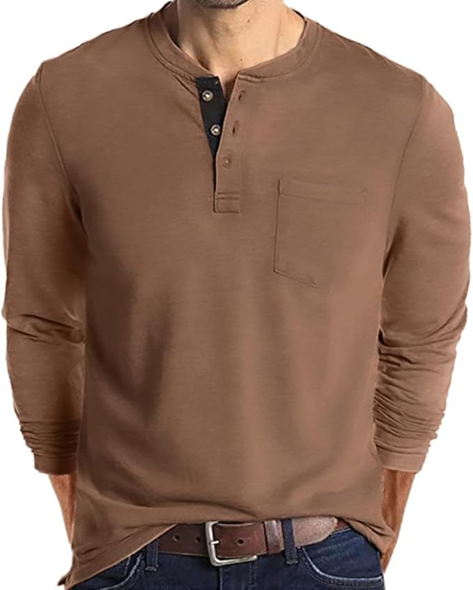 Lexiart Mens Fashion Henley Shirts Long Sleeve Button Cotton T-Shirt with Pocket