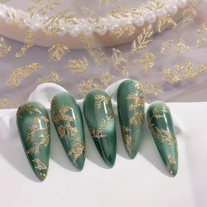 Golden Glitter Leaf Nail Art Stickers Fall Leaf Nail Decals 4PCS Shiny Shimmer 3D Self-Adhesive Fallen Leaves Nail Stickers Nail Art Supplies Fall Sticker for Nails DIY Manicure Decorations Supplies