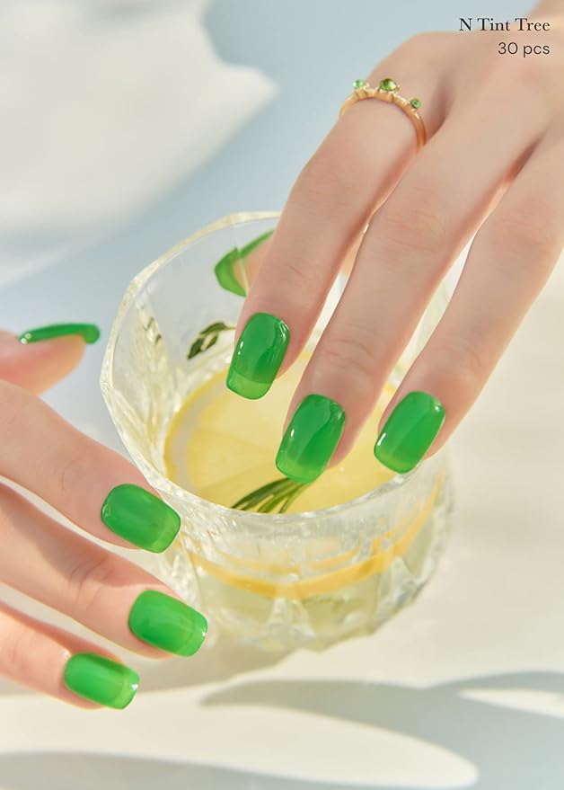 ohora Semi Cured Gel Nail Strips (N Tint Tree) - Green, Tint, Works with Any UV/LED Nail Lamps, Salon-Quality, Long Lasting, Easy to Apply & Remove - Includes 2 Prep Pads, Nail File & Wooden Stick