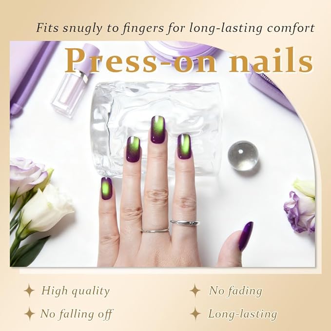 Green Reflective Cat Eye Press on Nails Medium Square, Medium Square Press Glue on Nails Chrome for Women, Green Holographic Glitter Glossy Reusable Gel Acrylic Fake Nail with Designs Cateye Effect