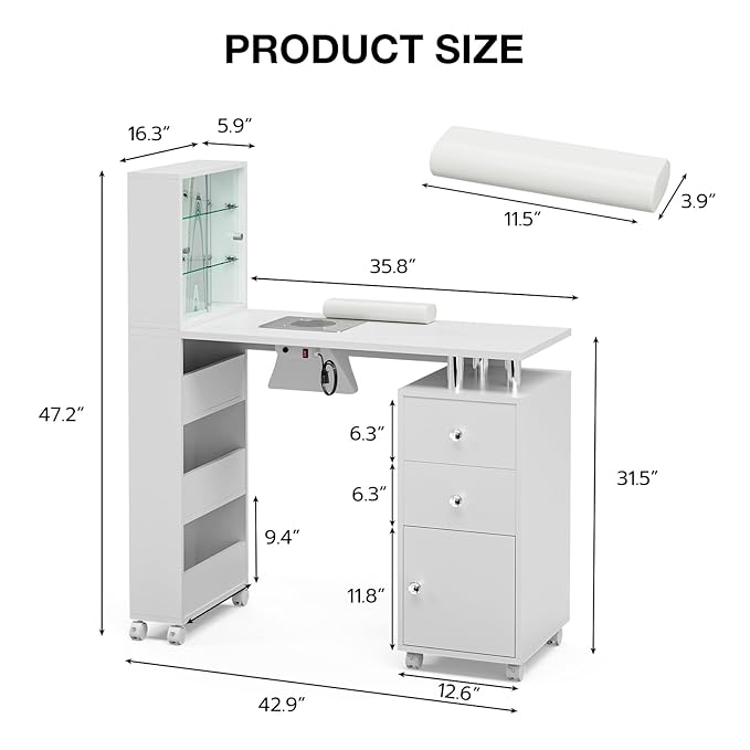 Paddie Manicure Table Nail Table with LED Light, Glass Shelf Door Nail Desk with Dust Collector & Wrist Cushion, Nail Salon Station with 2 Drawers & Cabinet for Technician Workstation(White-New)