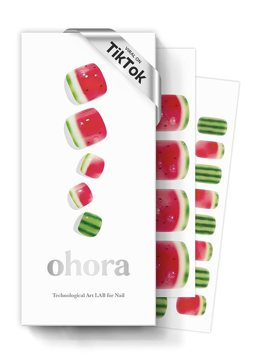 ohora Semi Cured Gel Pedi Strips (P Watermelon Slice) - Works with Any Nail Lamps, Salon-Quality, Long Lasting, Easy to Apply & Remove - Includes 2 Prep Pads, Nail File & Wooden Stick