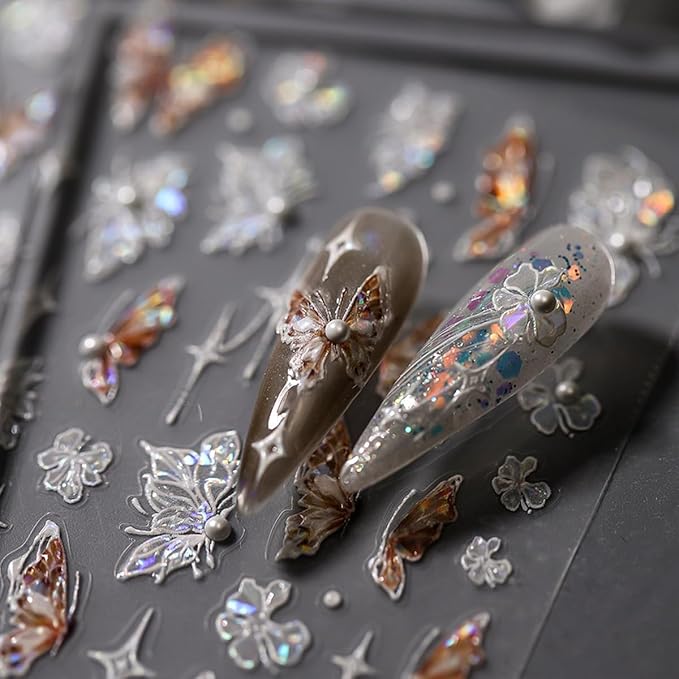 Butterfly Nail Stickers for Nail Art 5D Embossed Pearl Rhinestone Butterfly Nail Art Decals Laser Butterfly Flower Starlight Nail Designs Self Adhesive Nail Art Supplies for Women Nail Art Decoration
