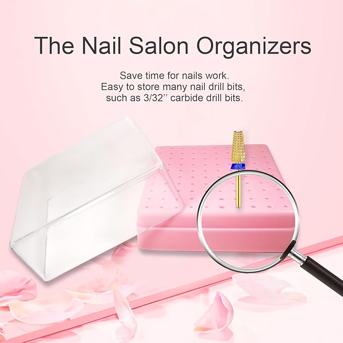 Nail Drill Bits Holder, CORFULRA Nail Organizer Box for Nail Drill Bits, Large Space of Container Case for Drill Bits for Nails, 100 Holes Dustproof Displayer Box of Nail Supplies for Nail Tach, Pink
