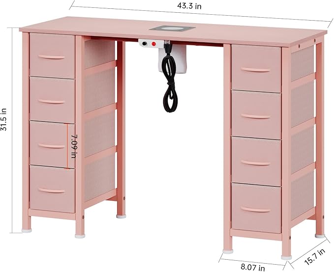 Nail Desk, Manicure Table, Nail Beauty Salon Workstation w/Electric Dust Collector, 8 Fabric Drawers