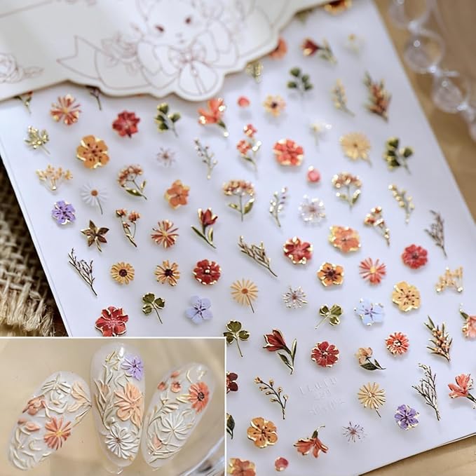 Flower Nail Sticker 5D Embossed Floral Nail Art Stickers Self Adhesive Nail Decals Colorful Flower Nail Art for Women Girls Manicure Supplies Nails Art Decorations