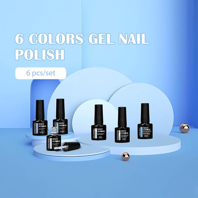 MEET ACROSS Gel Nail Polish Set 6 Pcs Glitter Colors Gel Nail Kit Art Design Soak Off UV LED (SET-9, 6pcs)