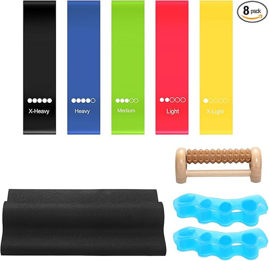 8 Pcs Toe Stretcher Kit Includes Foot Stretcher Pad Foot Roller Toe Separators and Bands for Bunions, Hallux Valgus Corrector for Women Men, Heel Spurs Tendonitis Relief Set