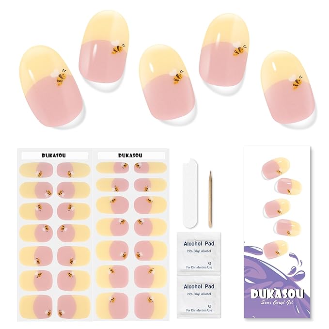 Semi Cured Gel Nail Strips,28 PCS Nail Art Stickers(Yellow BER),Gel Stickers for Nails UV Light,Nail Polish Strips Includes Prep Pads, Nail File & Wood Stick